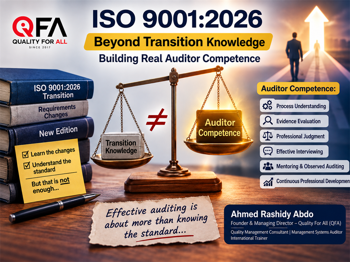 Visual illustrating the distinction between transition knowledge and auditor competence, highlighting process understanding, evidence evaluation, professional judgement, interviewing, mentoring and continuous professional development.